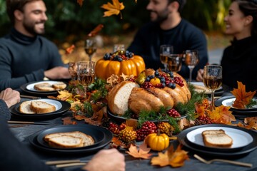 A Thanksgiving dinner table set outside in a fall landscape, with leaves falling and a festive table surrounded by family and friends