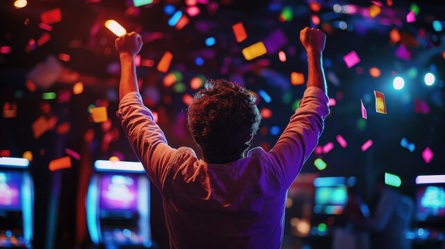 view from behind of joyous happy man celebrating winning at casino slots confetti joyful won celebration lottery prize money celebrate a win dark neon lights screens backdrop