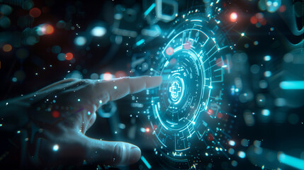 Obraz premium A high-tech visual showing a human hand interacting with a glowing, holographic user interface in a futuristic, digital environment