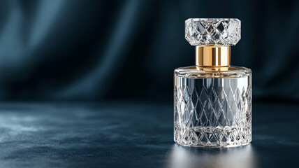 Elegant crystal perfume bottle with gold accents, beautifully reflecting light against dark background. This luxurious design adds touch of sophistication to any vanity