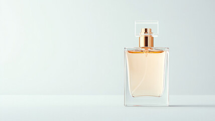Elegant perfume bottle with clean lines, showcasing minimalist design and soft hues. bottles transparent body and golden accents create sophisticated look
