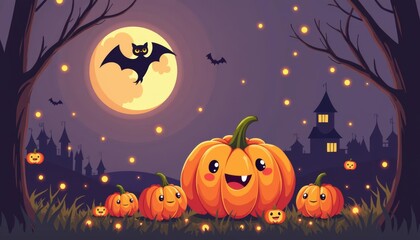  Spooky Halloween night with glowing jackolanterns and bats under a full moon