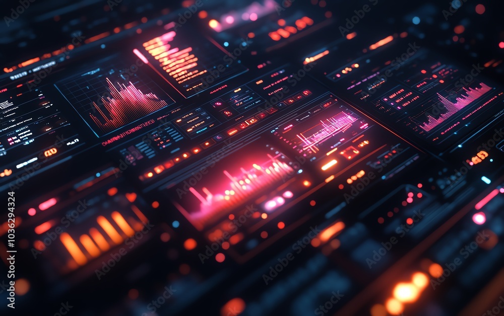 Poster advanced financial dashboard featuring floating holographic charts and graphs, glowing data streams 