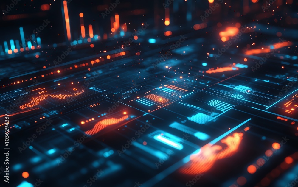 Poster advanced financial dashboard featuring floating holographic charts and graphs, glowing data streams 