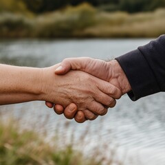Close-up of Two Hands Shaking Outdoors