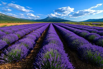 Fototapeta premium A field of Lavandula (Lavender) in full bloom, with rows of purple flowers stretching into the horizon under a bright blue sky
