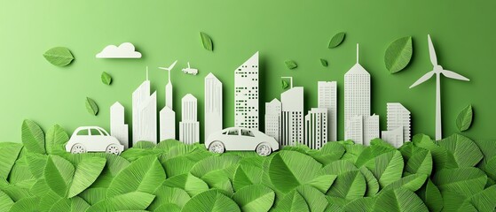 Futuristic ecocity skyline in papercut style, featuring green leaf overlay, wind turbines, solar panels, electric vehicles, and clean energy symbols