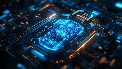 Futuristic digital padlock with glowing blue circuits against a dark background, binary code overlay representing cybersecurity and data protection