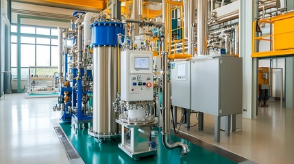 Close-up of advanced industrial equipment and control systems in a modern manufacturing facility, showcasing precision engineering and high-tech industrial processes.