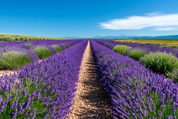 Fototapeta premium A field of Lavandula (Lavender) in full bloom, with rows of purple flowers stretching into the horizon under a bright blue sky