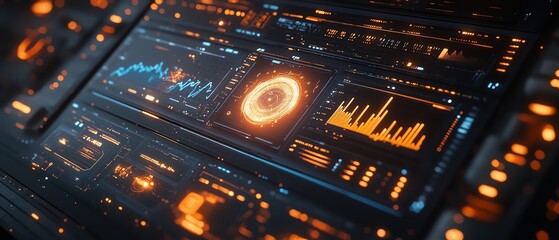 Obraz premium Futuristic financial dashboard displaying holographic 3D graphs and charts, dark space background, glowing data streams highlighting economic indicators