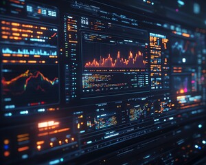 Futuristic financial dashboard with holographic 3D charts and graphs floating in dark space, glowing data streams and market indicators, hightech visualization of global economics