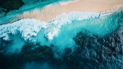Aerial view of a turquoise ocean with white sandy beaches, a tropical paradise, the beauty of nature from above