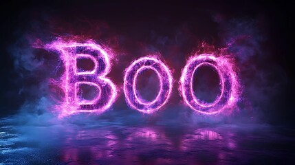 Spectacular neon light display spelling out 'boo' with a dramatic atmospheric effect perfect for...