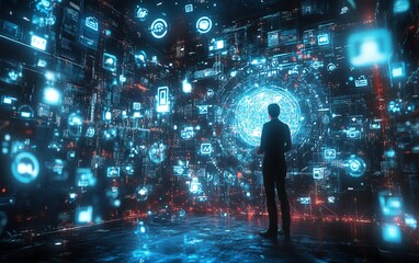 Fototapeta premium Futuristic virtual space filled with floating holographic social media icons, person silhouettes engaging with glowing connections, representing digital marketing