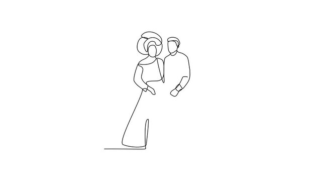 
Animated self drawing of Wedding ceremony video design illustration. The bride and groom with wedding traditional country costume design illustration in simple continuous line style video concept.