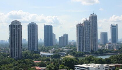  Elevated view of a bustling city skyline with a serene river and lush greenery