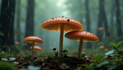  Rainy forest vibrant mushrooms and lush greenery