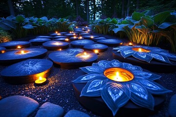 Fototapeta premium A gothic garden with dark, shadowy Hosta plants, their large leaves catching the light of flickering candles