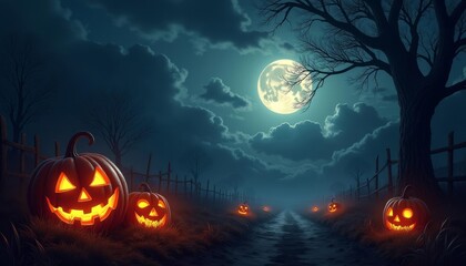Fototapeta premium Eerie Halloween night with glowing jackolanterns and a full moon