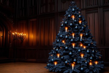 A gothic-style Christmas tree with dark, ornate decorations, glowing softly in a candlelit room, with a sense of unity in the symbolism