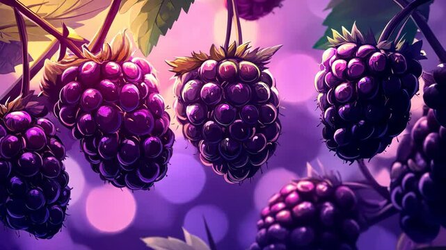 Ripe blackberries hang from a vine on a warm summer day