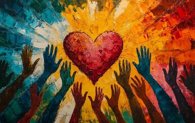 Diverse hands ascending toward a vibrant heart sunburst background, embodying unity and togetherness, with a warm color palette evoking a hopeful feeling