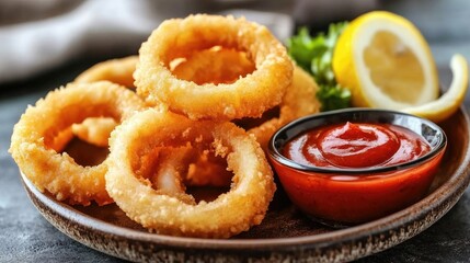 Crispy Onion Rings with Sauce and Lemon Slice