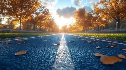 A photograph of a modern running track featuring a futuristic holographic projection system that displays real time athlete information and data near the finish line