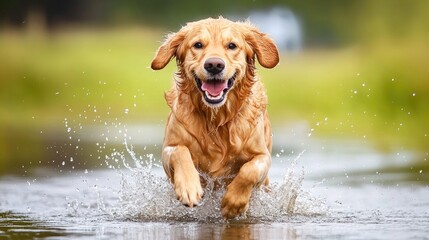 Happy Golden Retriever Running Through Water Splashing