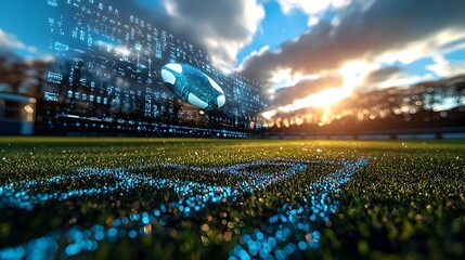A photograph of a rugby field with holographic tactical formations displayed above the grass  The clear copy space is visible in the sky and on the field making it an ideal image for sports