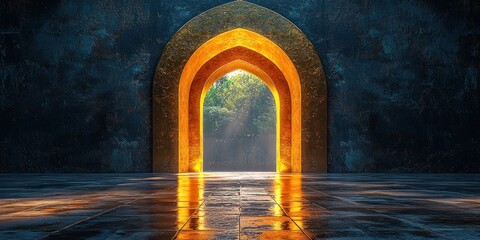 Fototapeta premium Golden Arches Leading to a Sunlit Forest Through a Dark Room