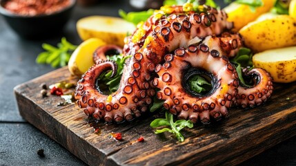 Grilled Octopus with Vegetables on Wooden Platter