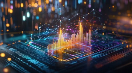 Fototapeta premium A vibrant data visualization emerging from a digital interface, featuring glowing graphics and dynamic charts, representing information analysis and technology.