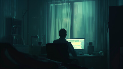 A dramatic silhouette of a person working on a desktop computer in a dimly lit room, creating a moody atmosphere, often associated with technology, coding, or hacking