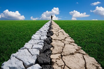 A person choosing between material wealth and moral goodness, with a symbolic path leading to the virtues of integrity and simplicity