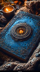 A mystical book with ornate cover and a candle, set on a textured fabric.