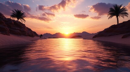 A serene sunset reflects over tranquil waters, framed by palm trees and mountains, embodying a tropical paradise.