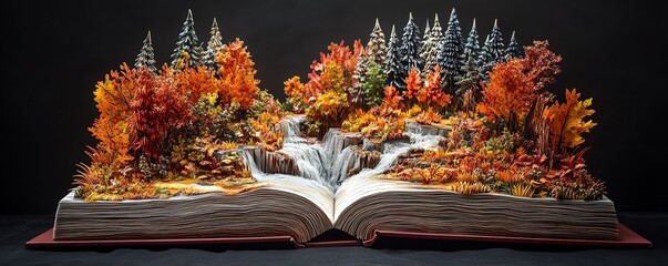 An open book with a breathtaking popup autumn scene, filled with intricate details of natures beauty, symbolizing the magic and adventure of storytelling