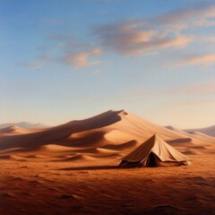A serene desert landscape featuring gentle sand dunes and a solitary tent under a clear sky.