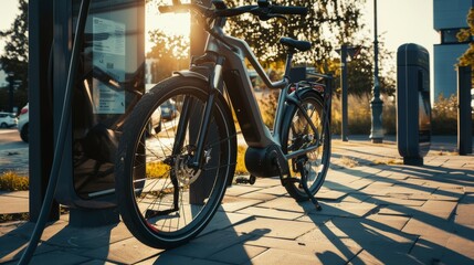 A futuristic electric bicycle charging at a sleek, modern bike station, with attention to the bike鈥檚 innovative design and the station鈥檚 high-tech features