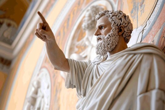 A scene showing Aristotle teaching in the ancient Greek Lyceum, with students learning the importance of cultivating moral virtues