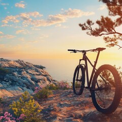 Fototapeta premium A striking mountain bike positioned against a breathtaking outdoor backdrop, showcasing the essence of adventure and outdoor sports. The vibrant scenery features lush greenery, rugged terrain