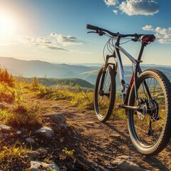 Obraz premium A striking mountain bike positioned against a breathtaking outdoor backdrop, showcasing the essence of adventure and outdoor sports. The vibrant scenery features lush greenery, rugged terrain