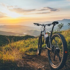 A striking mountain bike positioned against a breathtaking outdoor backdrop, showcasing the essence of adventure and outdoor sports. The vibrant scenery features lush greenery, rugged terrain