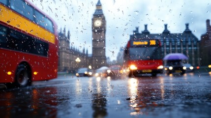 A rainy scene in London featuring red buses and the iconic Big Ben in the background, with droplets...