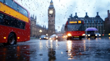 Fototapete Rund A rainy scene in London featuring red buses and the iconic Big Ben in the background, with droplets on the lens creating a blurred effect. © DuangphonKPR