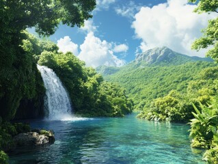 Fototapeta premium A lush tropical landscape featuring a cascading waterfall, clear blue water, vibrant greenery, and distant mountains under a bright sky.