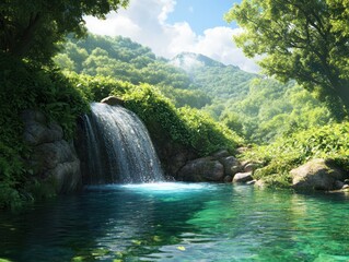 Fototapeta premium A serene waterfall cascades into a clear pool, surrounded by lush greenery and mountains under a bright blue sky.