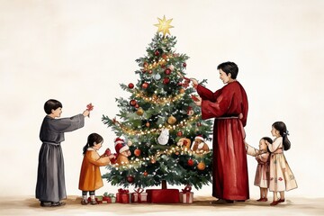 A soft watercolor painting of families from different cultures decorating a Christmas tree, with delicate washes of color blending into a festive scene